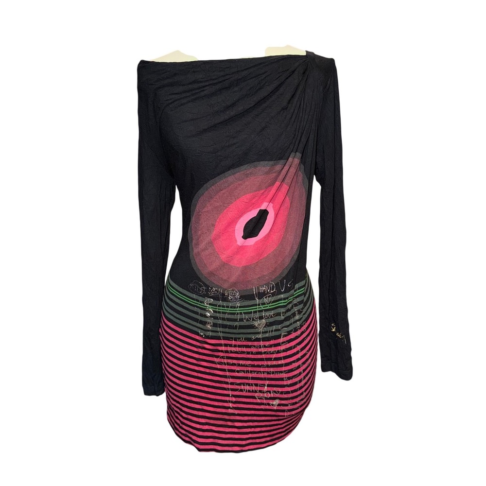 Desigual Black Pink Striped Off-the-Shoulder Graphic Long Sleeve Top Large
